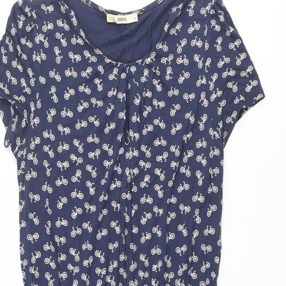 Oasis Womens Blue Geometric Viscose A-Line Size S Round Neck Pullover - Bicycle Pattern