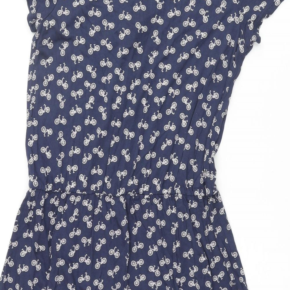 Oasis Womens Blue Geometric Viscose A-Line Size S Round Neck Pullover - Bicycle Pattern