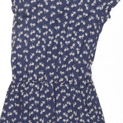 Oasis Womens Blue Geometric Viscose A-Line Size S Round Neck Pullover - Bicycle Pattern