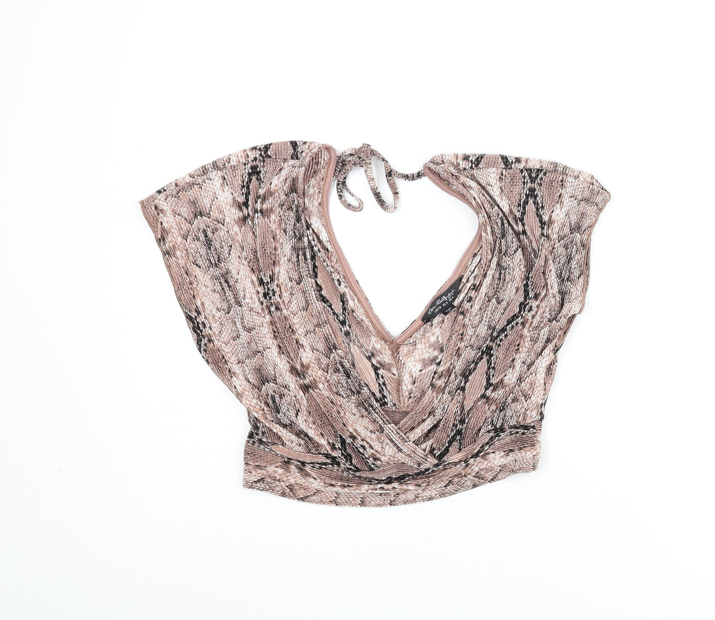 Miss Selfridge Womens Brown Animal Print Polyamide Cropped Blouse Size 8 V-Neck - Snake Print Plisse