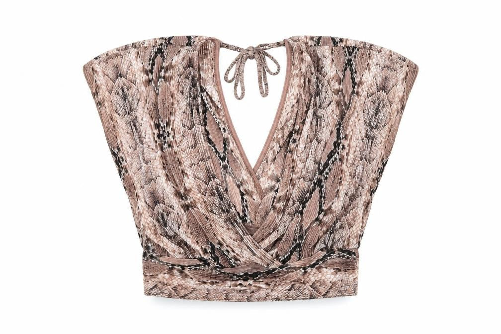 Front view of Miss Selfridge women’s brown animal print polyamide cropped blouse, size UK 8, v-neck - snake print plisse