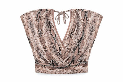 Front view of Miss Selfridge women’s brown animal print polyamide cropped blouse, size UK 8, v-neck - snake print plisse