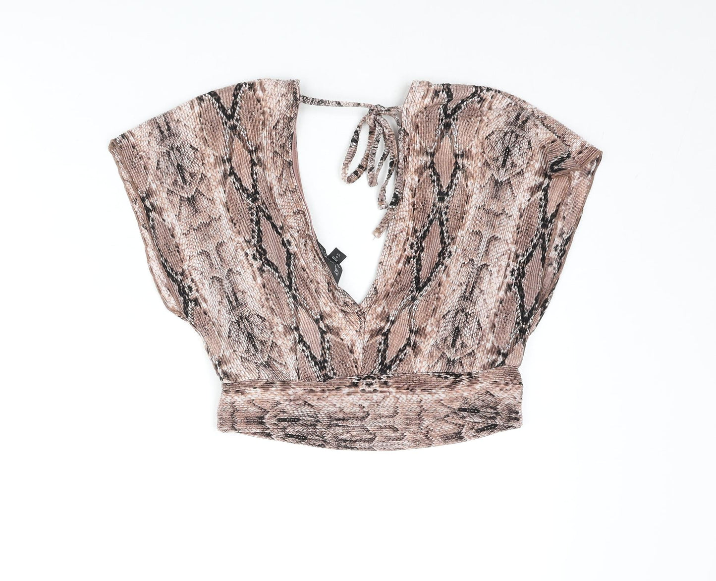 Miss Selfridge Womens Brown Animal Print Polyamide Cropped Blouse Size 8 V-Neck - Snake Print Plisse