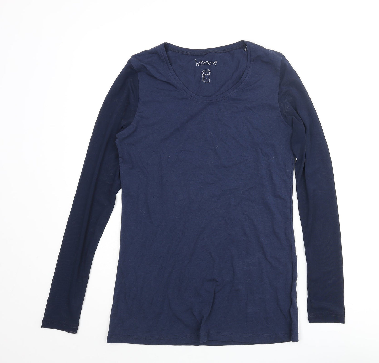 In Town Womens Blue Cotton Basic T-Shirt Size L Round Neck - Mesh Sleeves