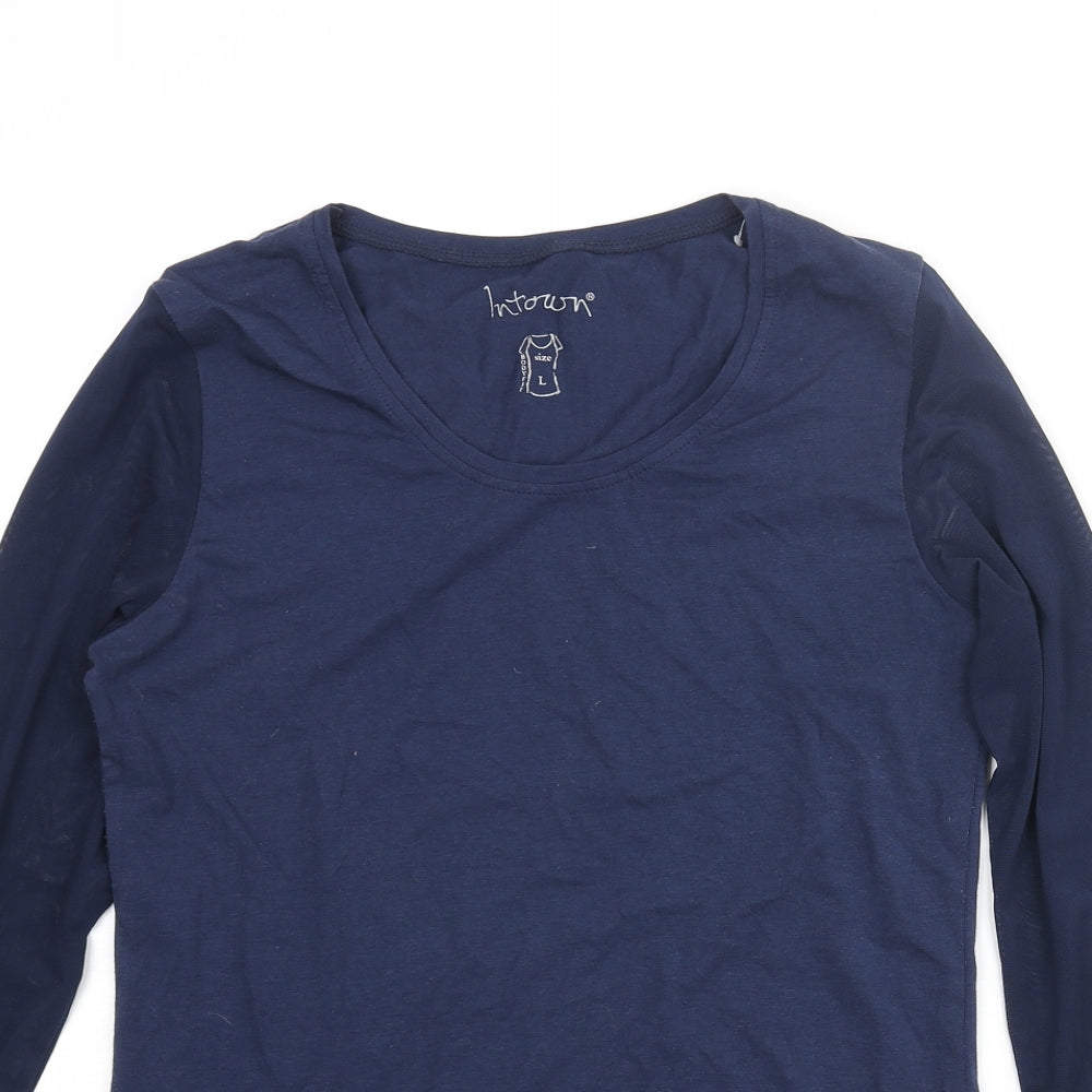 In Town Womens Blue Cotton Basic T-Shirt Size L Round Neck - Mesh Sleeves