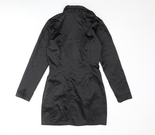 Zara Womens Black Polyester Shirt Dress Size M Collared Zip - Button Detail Rouched