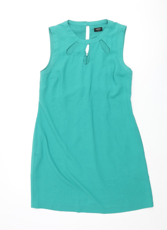 Oasis Womens Green Polyester Shift Size 14 Round Neck Button - Cut Out Detail