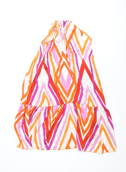 Zara Womens Multicoloured Geometric Polyester A-Line Size S Round Neck Tie - Smocked Wooden Bead Detail