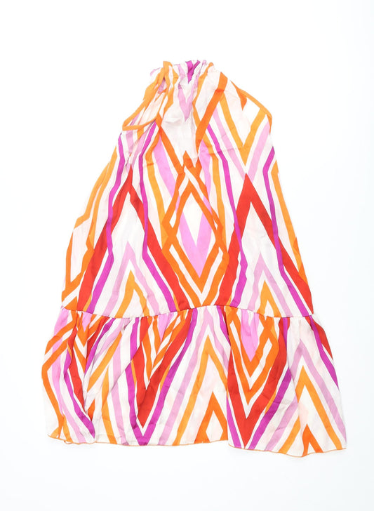 Zara Womens Multicoloured Geometric Polyester A-Line Size S Round Neck Tie - Smocked Wooden Bead Detail