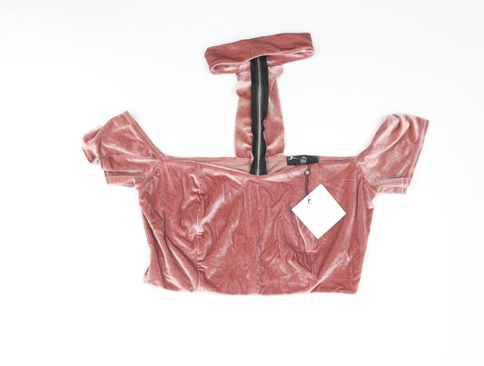 Missguided Womens Pink Polyester Cropped Blouse Size 14 Square Neck - Mock Neck Detail