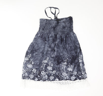Koopai Womens Grey Tie Dye Cotton A-Line Size S Halter Pullover - Wooden Bead Lace Trim Floral Print Size S-M