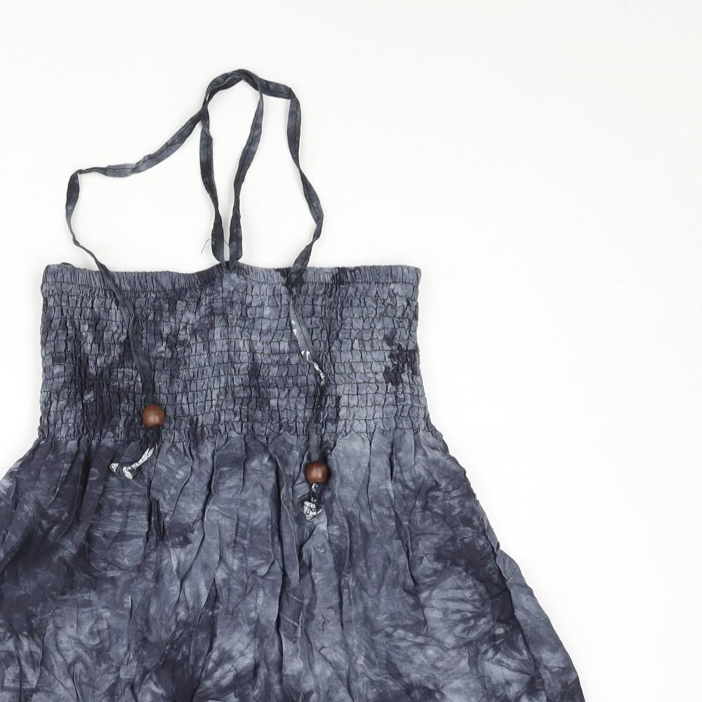 Koopai Womens Grey Tie Dye Cotton A-Line Size S Halter Pullover - Wooden Bead Lace Trim Floral Print Size S-M
