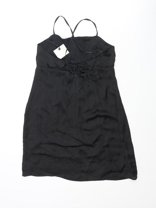 Pull&Bear Womens Black Polyester Mini Size M Square Neck Zip - Lace Up Back