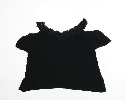 Julipa Womens Black Viscose Basic Blouse Size 14 V-Neck - Lace Trim