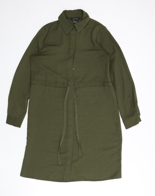 New Look Womens Green Polyester Sheath Size 8 Collared Button - Tie Detail