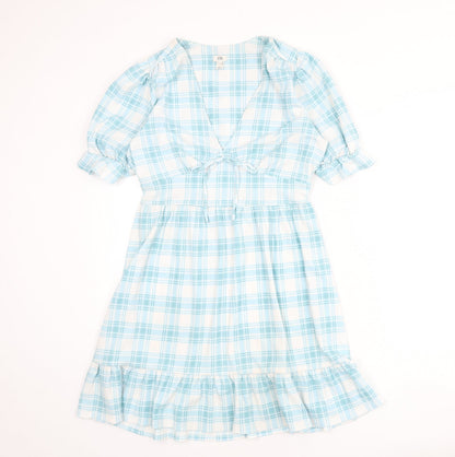 River Island Womens Blue Plaid Polyester A-Line Size 10 V-Neck Pullover - Tie Detail