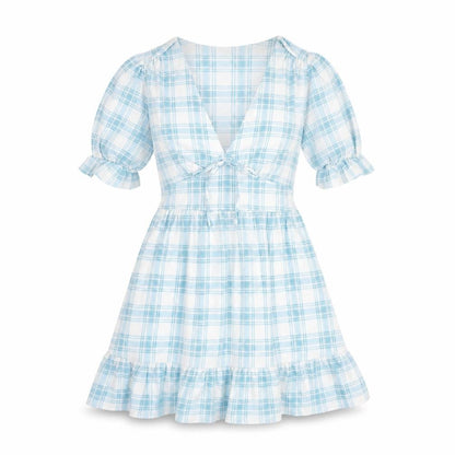 River Island Womens Blue Plaid Polyester A-Line Size 10 V-Neck Pullover - Tie Detail