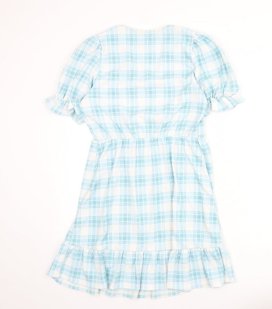 River Island Womens Blue Plaid Polyester A-Line Size 10 V-Neck Pullover - Tie Detail