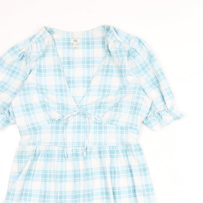 River Island Womens Blue Plaid Polyester A-Line Size 10 V-Neck Pullover - Tie Detail