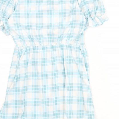 River Island Womens Blue Plaid Polyester A-Line Size 10 V-Neck Pullover - Tie Detail