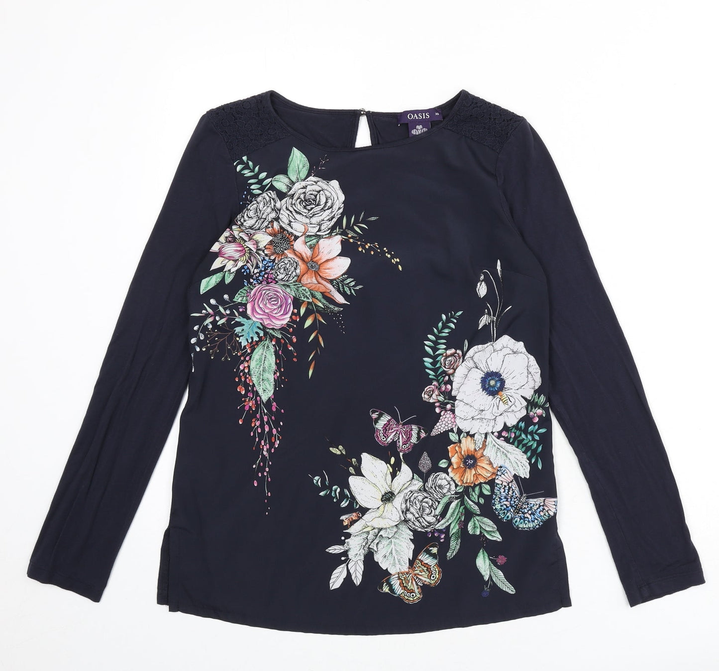 Oasis Womens Blue Floral Viscose Basic Blouse Size XS Round Neck
