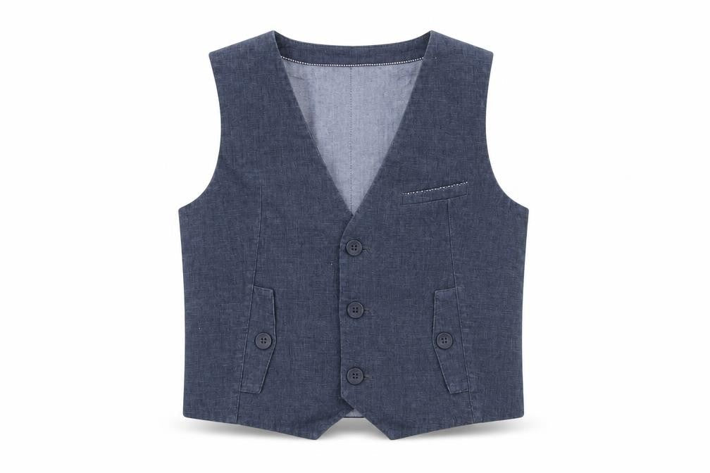 Front view of Autograph boys’ blue jacket waistcoat, size 4-5, years button