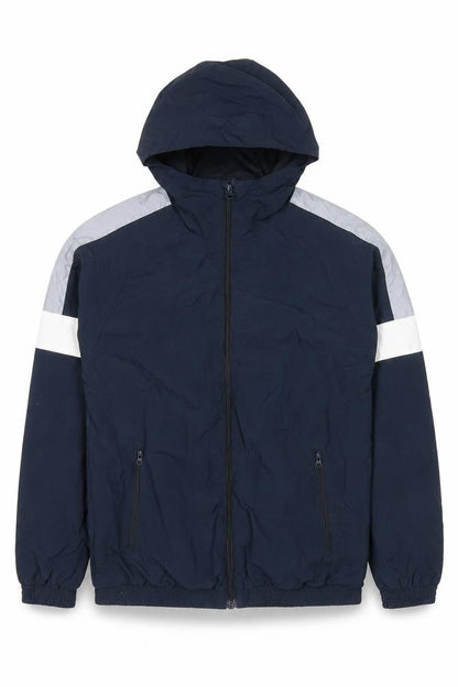 Front view of Next boys’ blue colourblock jacket, size 12, years zip