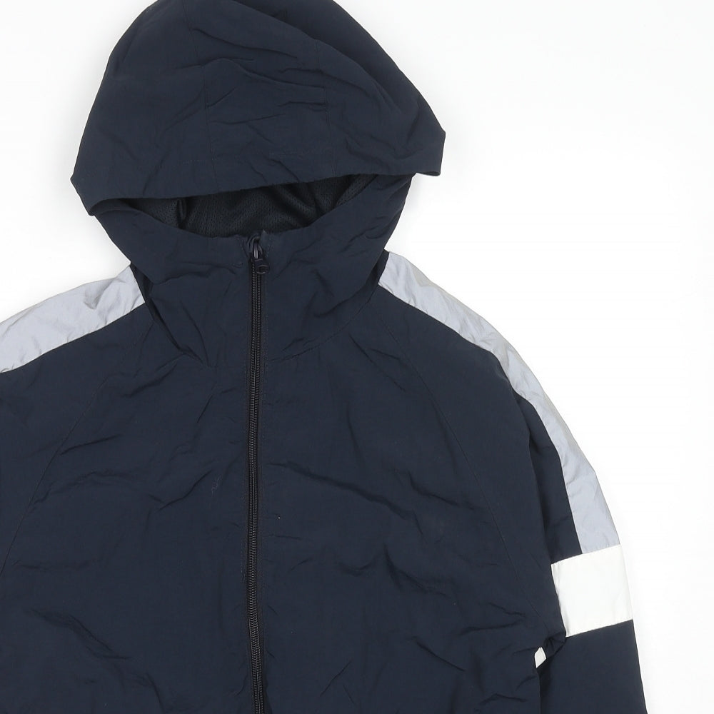 Close-up detail of Next boys’ blue colourblock jacket, size 12, years zip