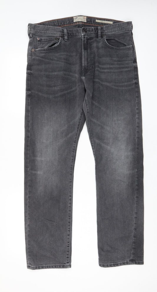 Marks and Spencer Mens Grey Cotton Straight Jeans Size 34 in L31 in Relaxed Zip - Pockets