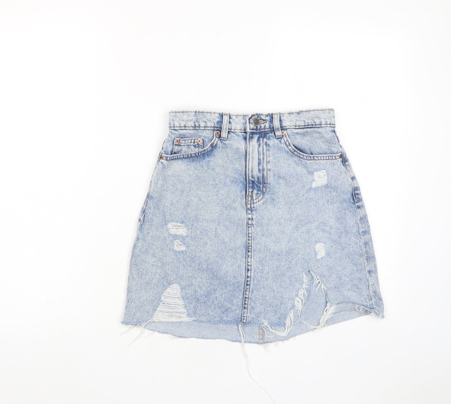 H&M Womens Blue Cotton A-Line Skirt Size 6 Zip - Distressed, Pockets