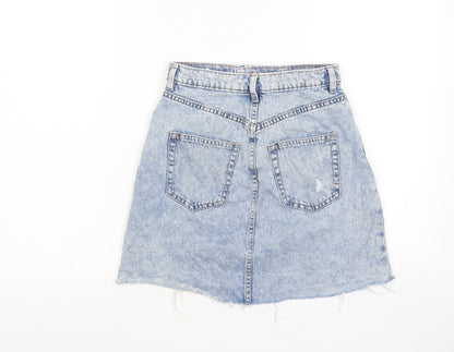 H&M Womens Blue Cotton A-Line Skirt Size 6 Zip - Distressed, Pockets
