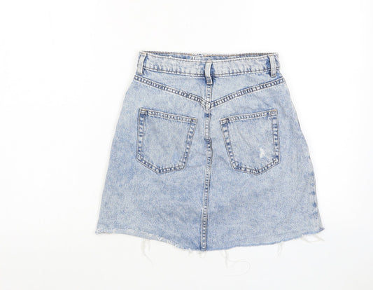 H&M Womens Blue Cotton A-Line Skirt Size 6 Zip - Distressed, Pockets
