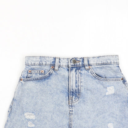 H&M Womens Blue Cotton A-Line Skirt Size 6 Zip - Distressed, Pockets