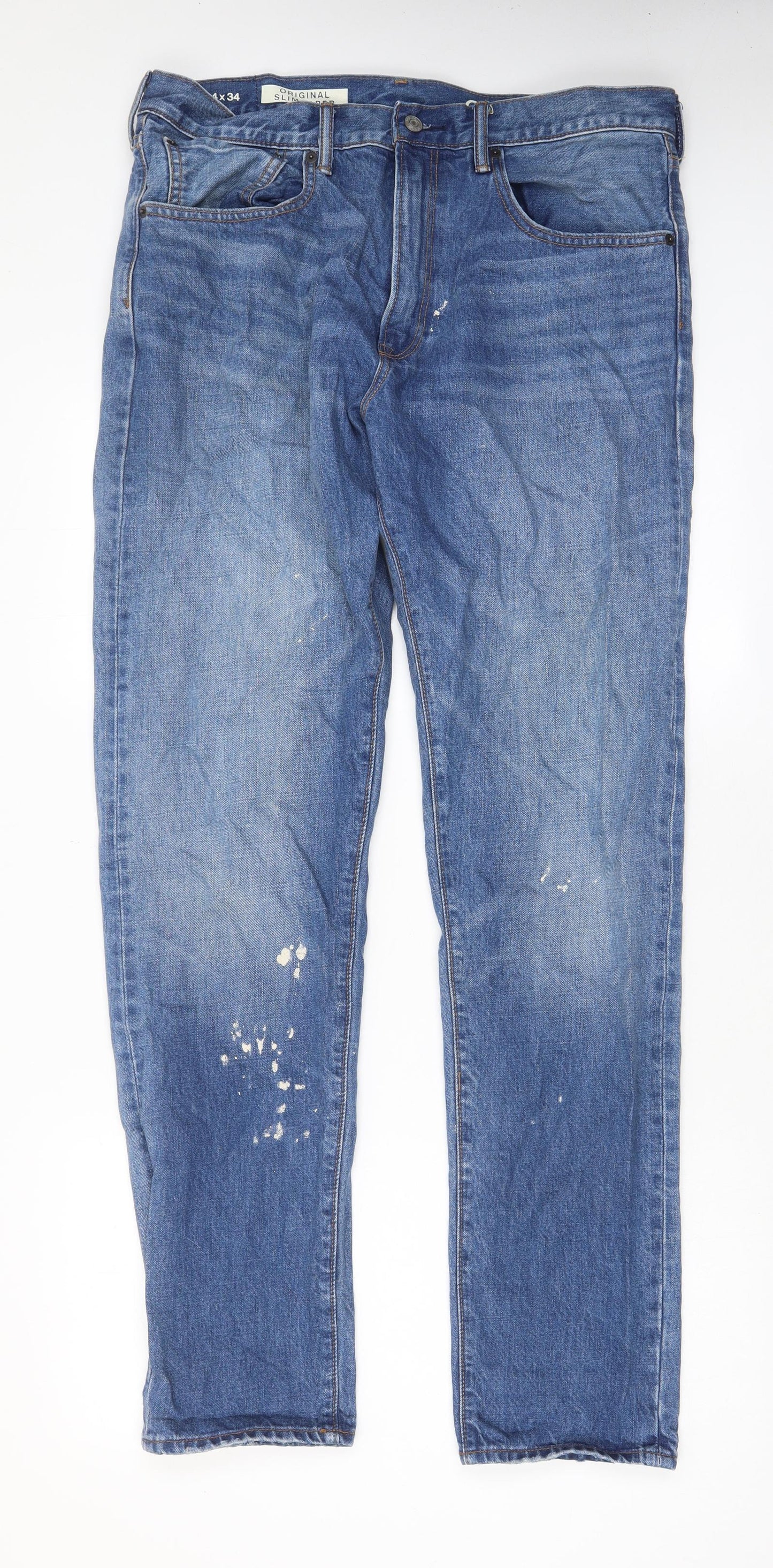 Gap Mens Blue Cotton Tapered Jeans Size 34 in L34 in Regular Zip - Pockets, Logo