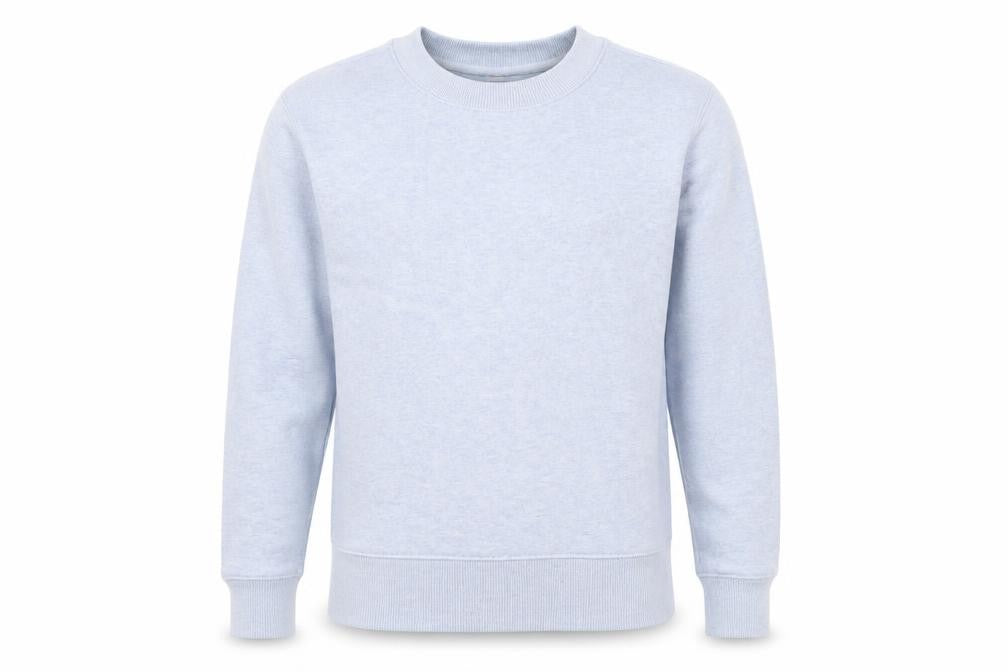 Front view of Kirkland Signature men’s blue cotton pullover sweatshirt, size M
