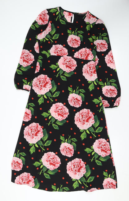 Dorothy Perkins Womens Black Floral Polyester A-Line Size 8 Scoop Neck Button