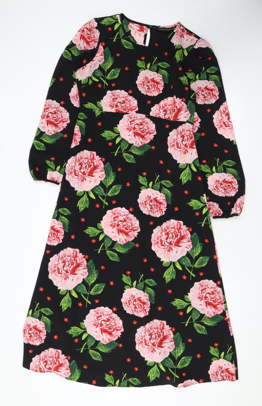 Dorothy Perkins Womens Black Floral Polyester A-Line Size 8 Scoop Neck Button
