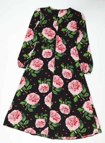 Dorothy Perkins Womens Black Floral Polyester A-Line Size 8 Scoop Neck Button