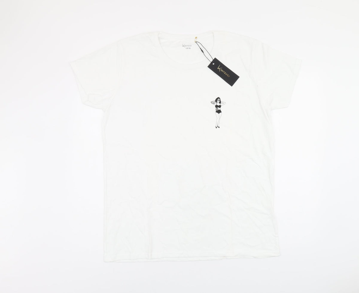 Kintsugi Womens White Polyester Basic T-Shirt Size 14 Round Neck