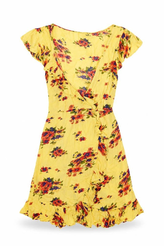 Pins and Needles Womens Yellow Floral Viscose Wrap Dress Size XS V-Neck Tie