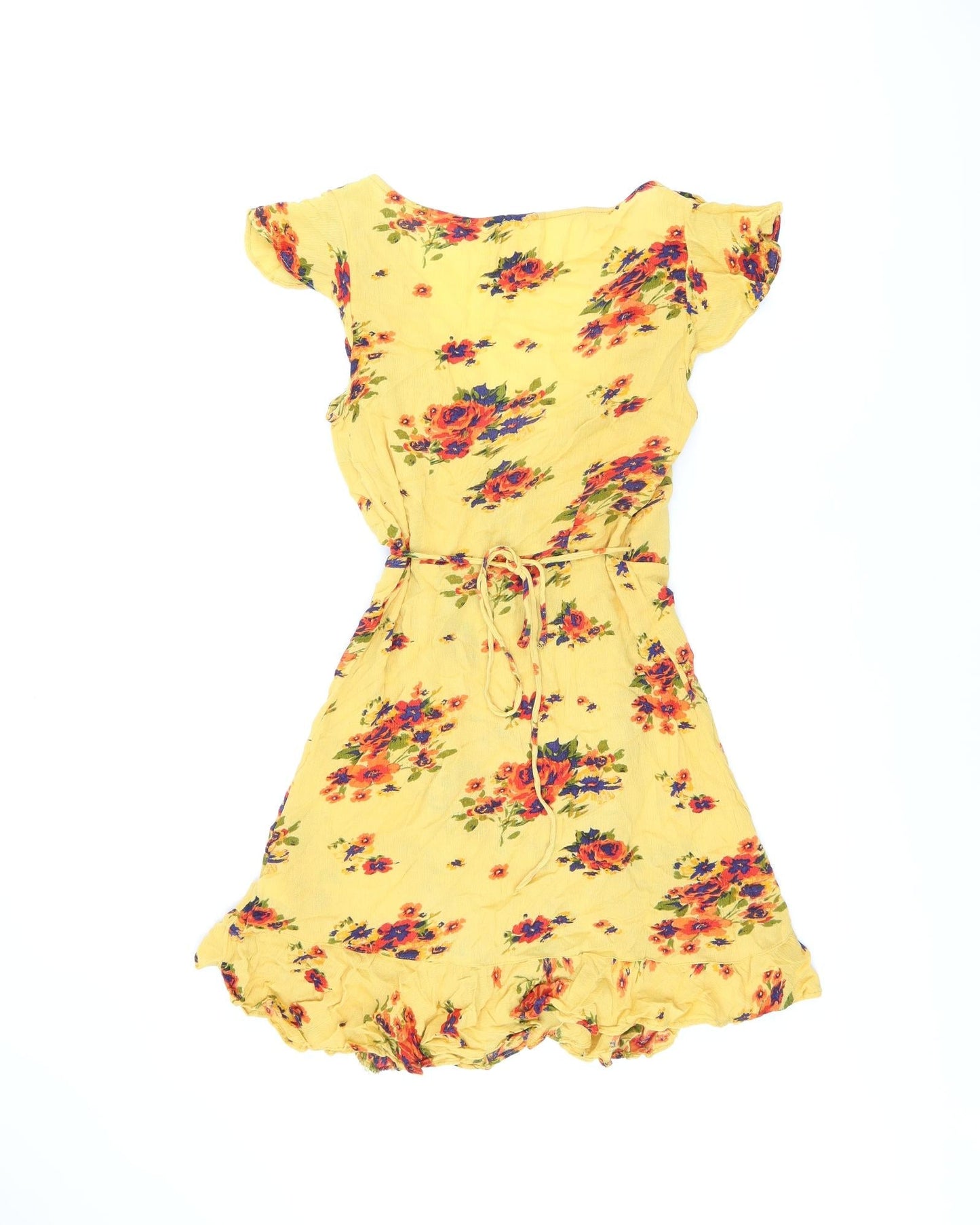 Pins and Needles Womens Yellow Floral Viscose Wrap Dress Size XS V-Neck Tie