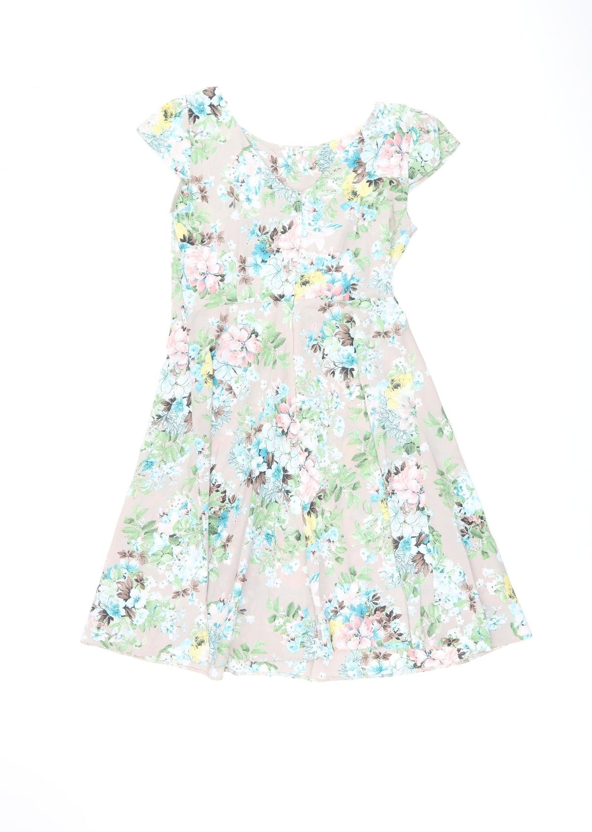 Back view of Wallis women’s brown floral polyester a-line, size UK 10, round neck zip