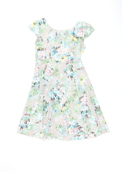 Back view of Wallis women’s brown floral polyester a-line, size UK 10, round neck zip
