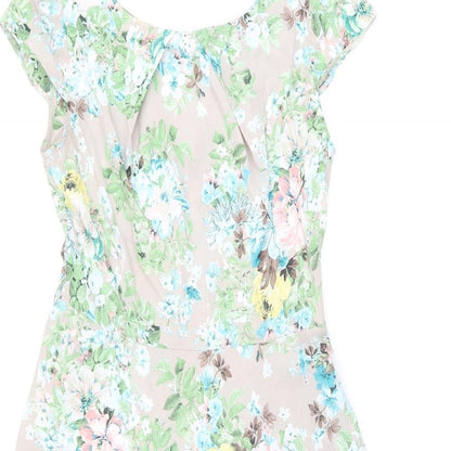 Close-up detail of Wallis women’s brown floral polyester a-line, size UK 10, round neck zip