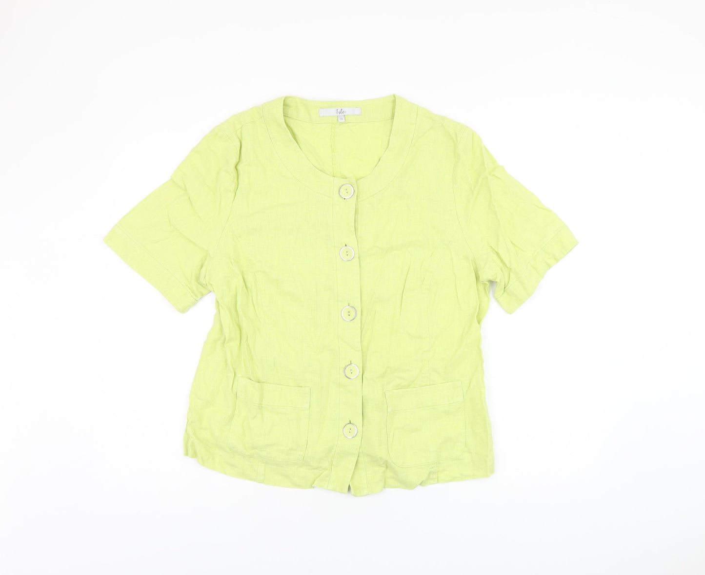 EWM Womens Green Linen Basic Button-Up Size 14 Round Neck