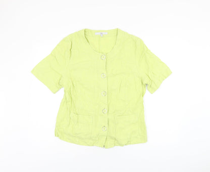 EWM Womens Green Linen Basic Button-Up Size 14 Round Neck