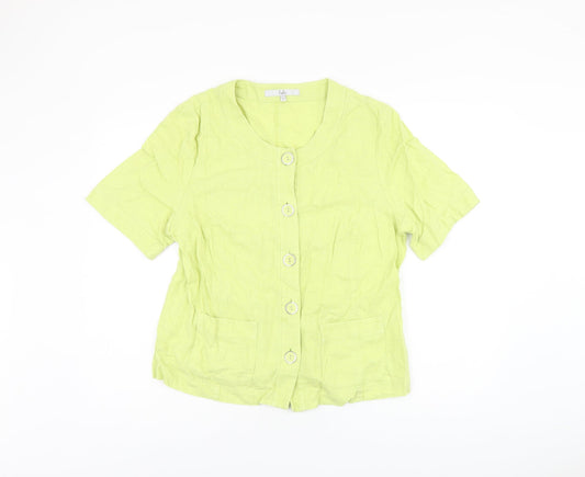 EWM Womens Green Linen Basic Button-Up Size 14 Round Neck