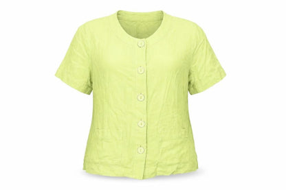 EWM Womens Green Linen Basic Button-Up Size 14 Round Neck