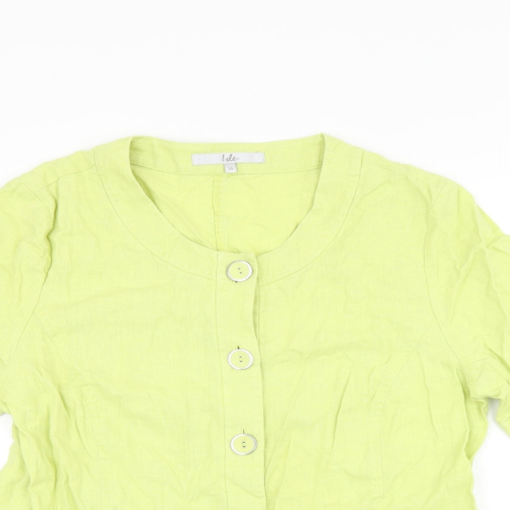 EWM Womens Green Linen Basic Button-Up Size 14 Round Neck