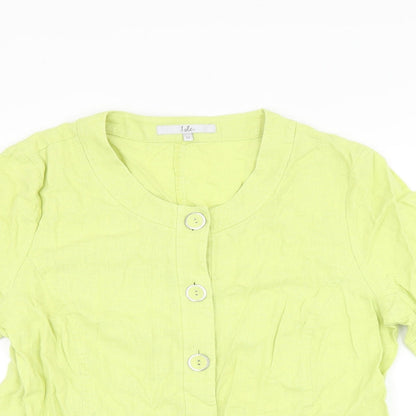 EWM Womens Green Linen Basic Button-Up Size 14 Round Neck